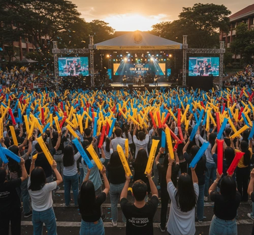 para mahasiswa depok menggunakan balon tepuk untuk meramaikan festival musik di kampus